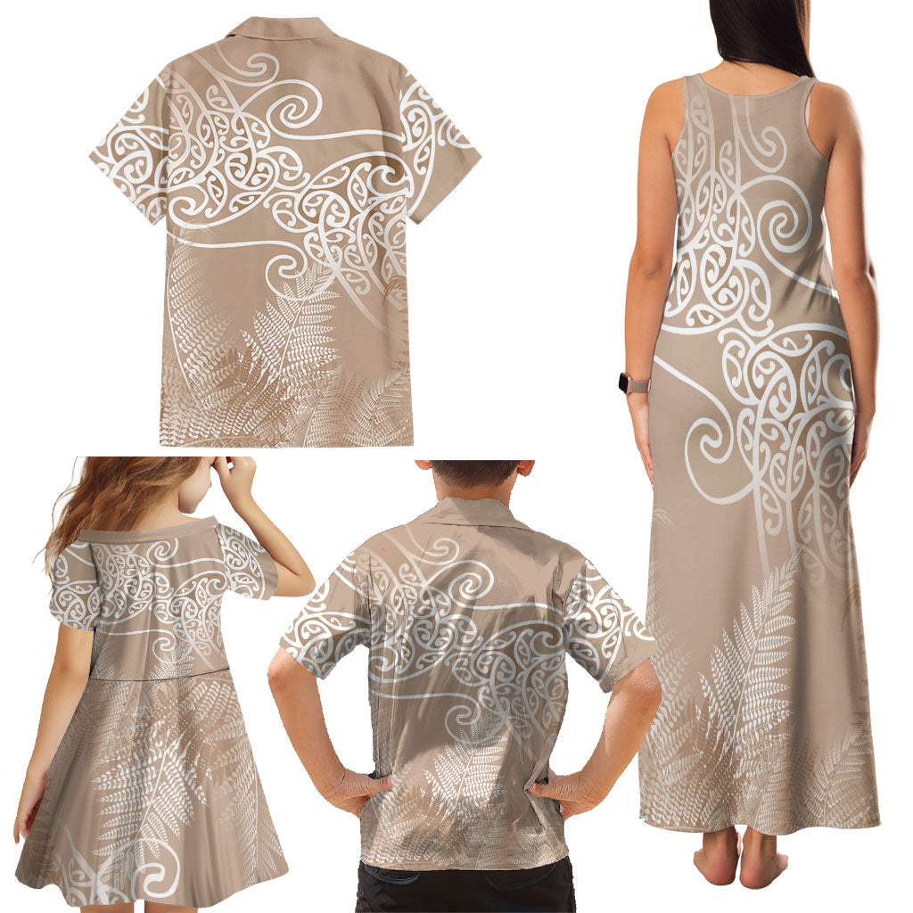 Aotearoa Maori Koru Curves Family Matching Tank Maxi Dress and Hawaiian Shirt Silver Ferns - Mocha