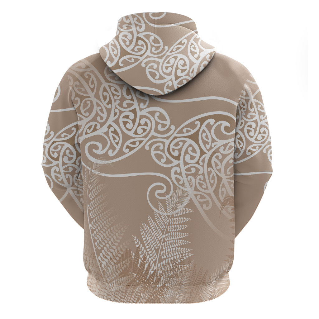 Aotearoa Maori Koru Curves Hoodie Silver Ferns - Mocha