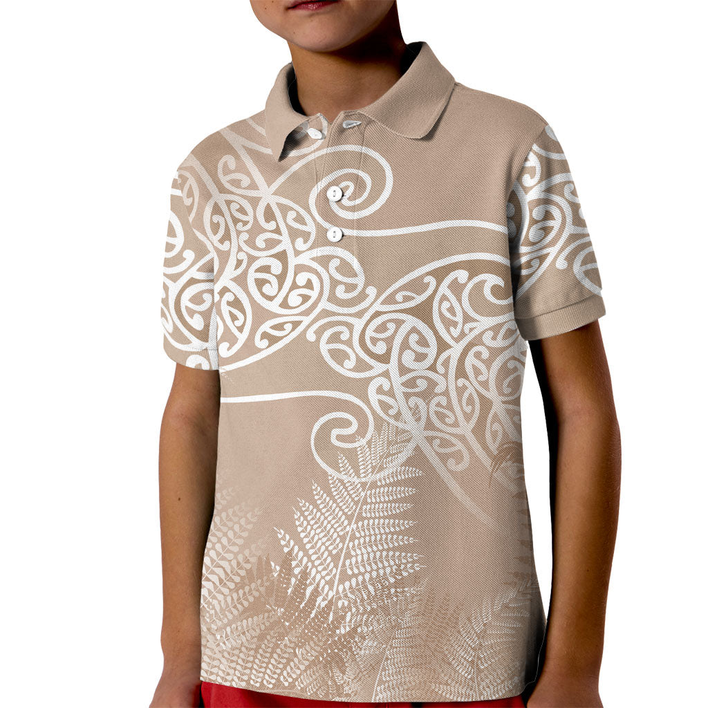 Aotearoa Maori Koru Curves Kid Polo Shirt Silver Ferns - Mocha