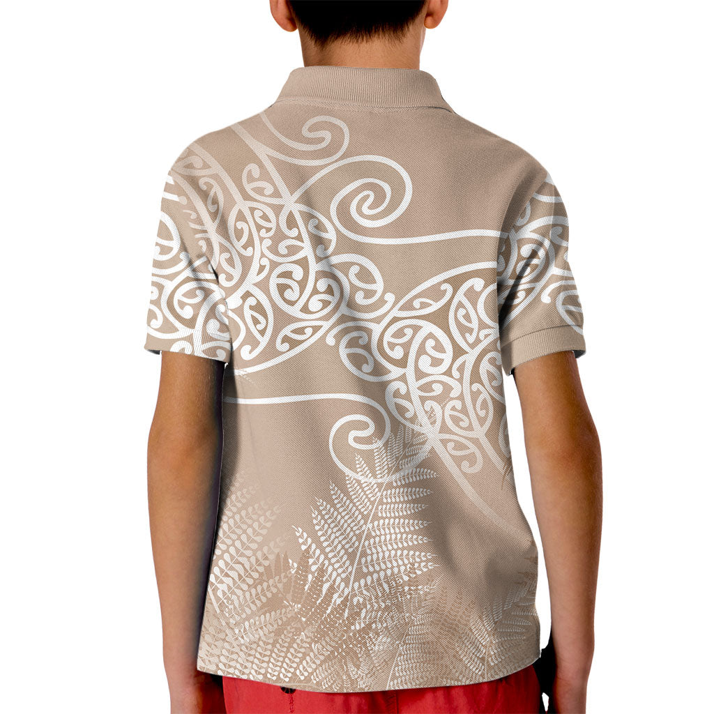Aotearoa Maori Koru Curves Kid Polo Shirt Silver Ferns - Mocha
