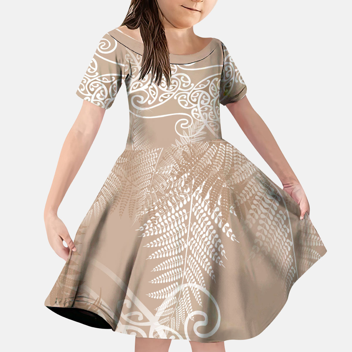 Aotearoa Maori Koru Curves Kid Short Sleeve Dress Silver Ferns - Mocha