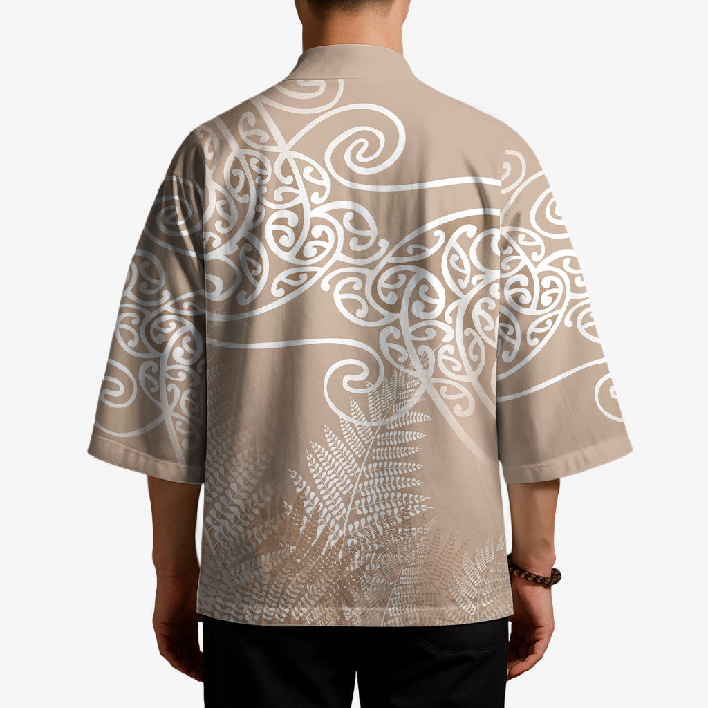Aotearoa Maori Koru Curves Kimono Silver Ferns - Mocha
