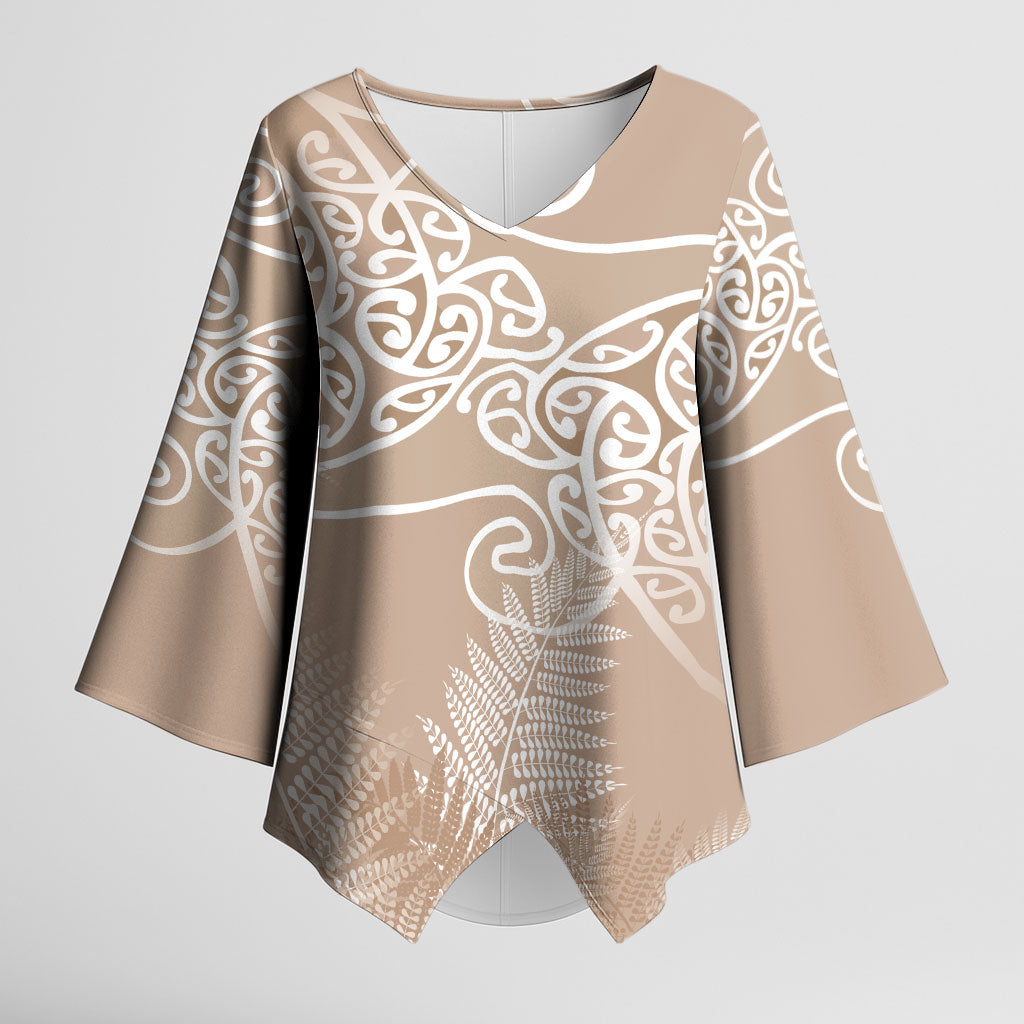 Aotearoa Maori Koru Curves Kimono Sleeve Blouse Silver Ferns - Mocha