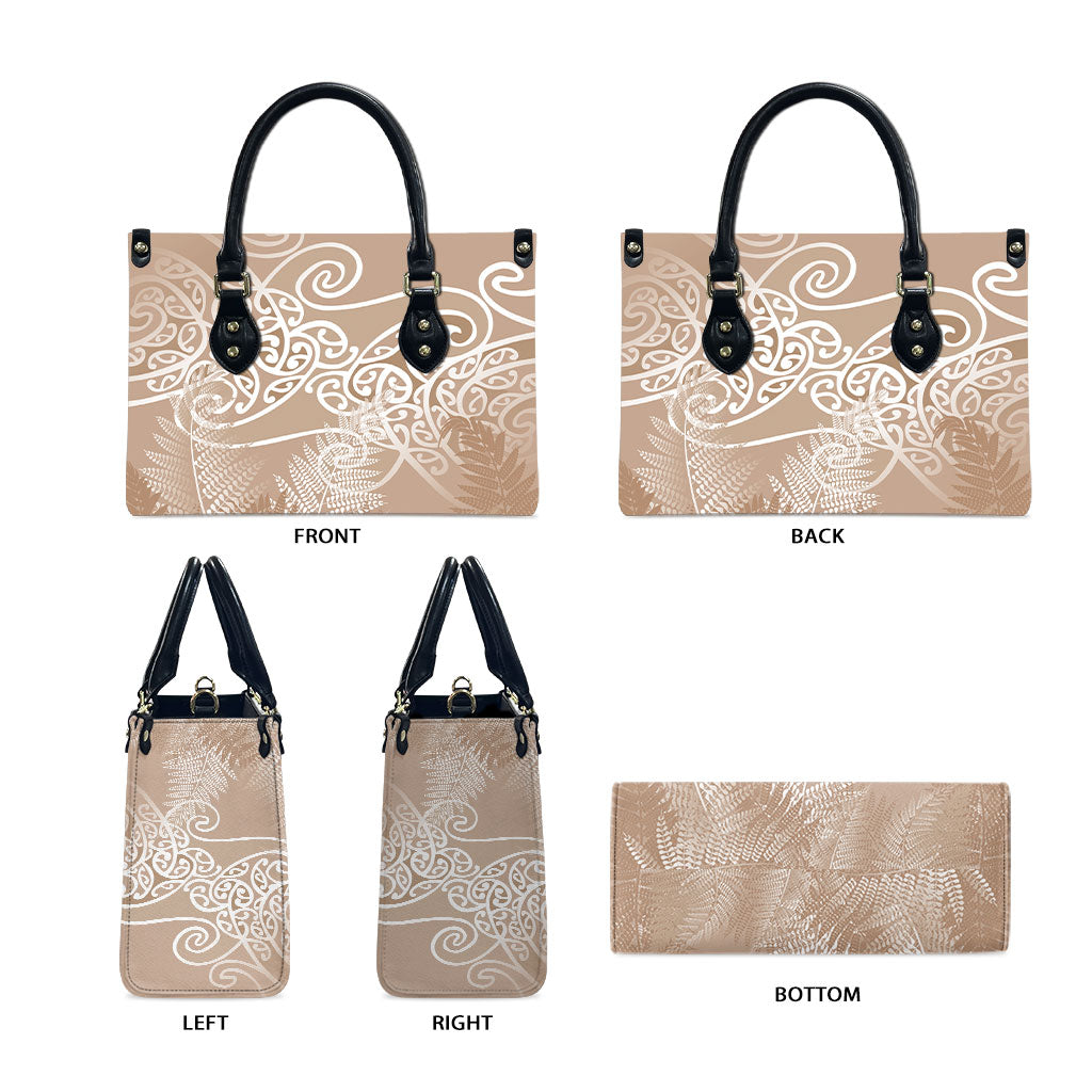 Aotearoa Maori Koru Curves Leather Bag Silver Ferns - Mocha