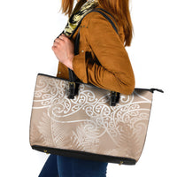 Aotearoa Maori Koru Curves Leather Tote Bag Silver Ferns - Mocha