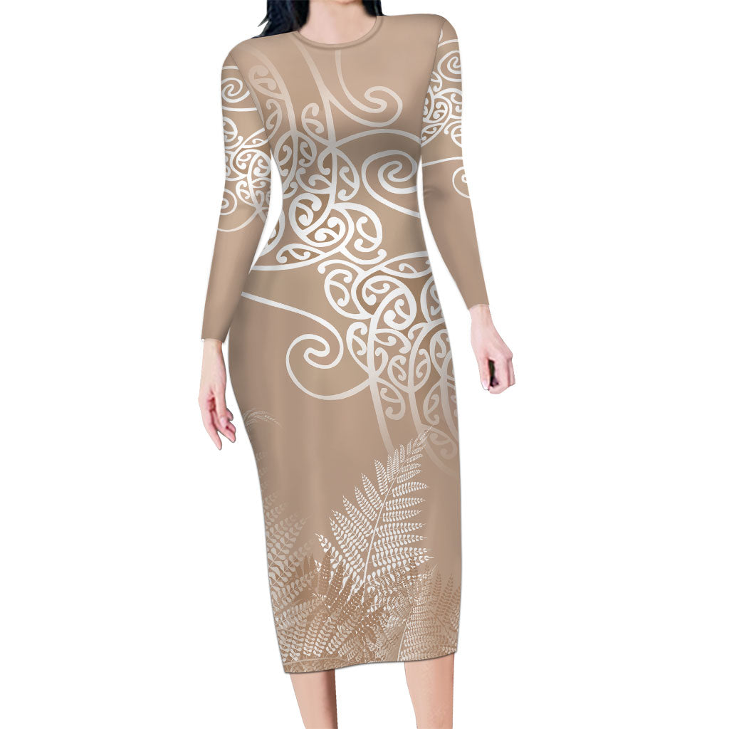 Aotearoa Maori Koru Curves Long Sleeve Bodycon Dress Silver Ferns - Mocha LT7 Long Dress Beige - Polynesian Pride