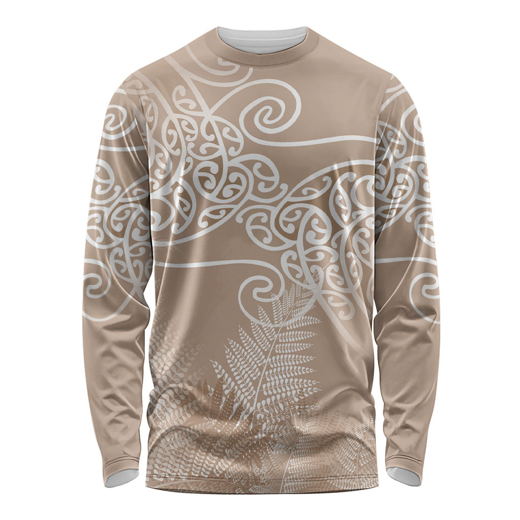 Aotearoa Maori Koru Curves Long Sleeve Shirt Silver Ferns - Mocha