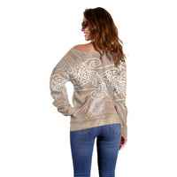 Aotearoa Maori Koru Curves Off Shoulder Sweater Silver Ferns - Mocha