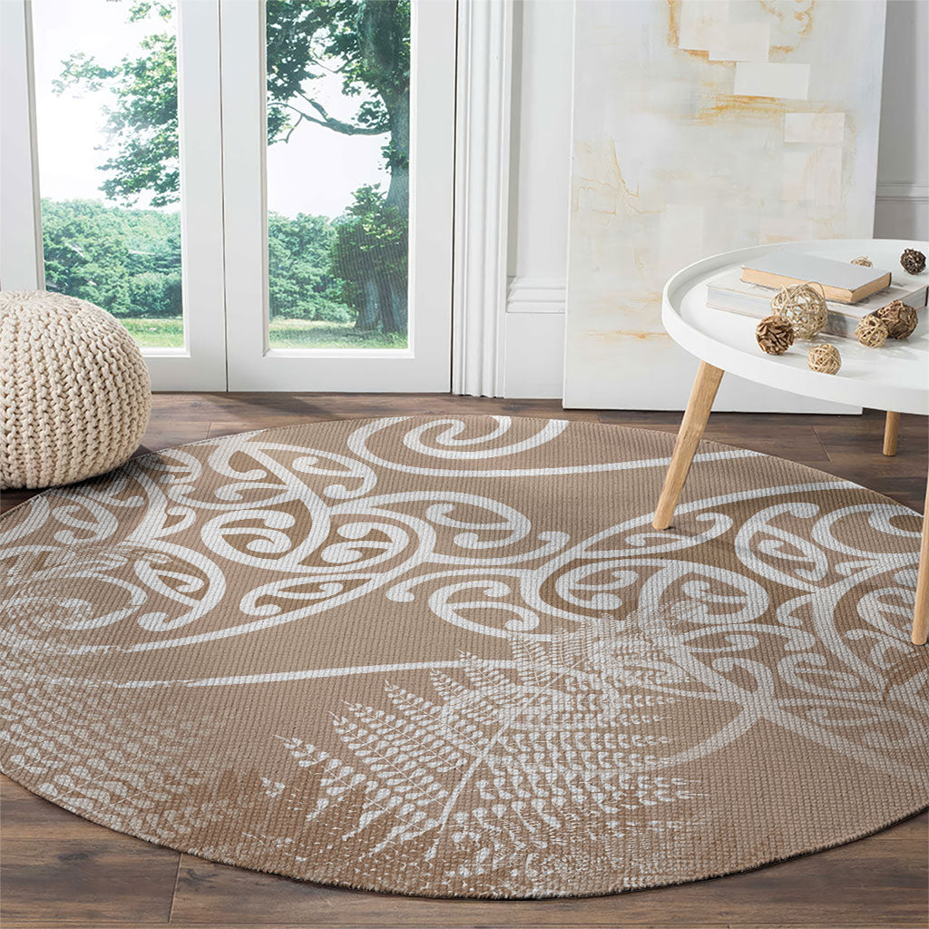 Aotearoa Maori Koru Curves Round Carpet Silver Ferns - Mocha