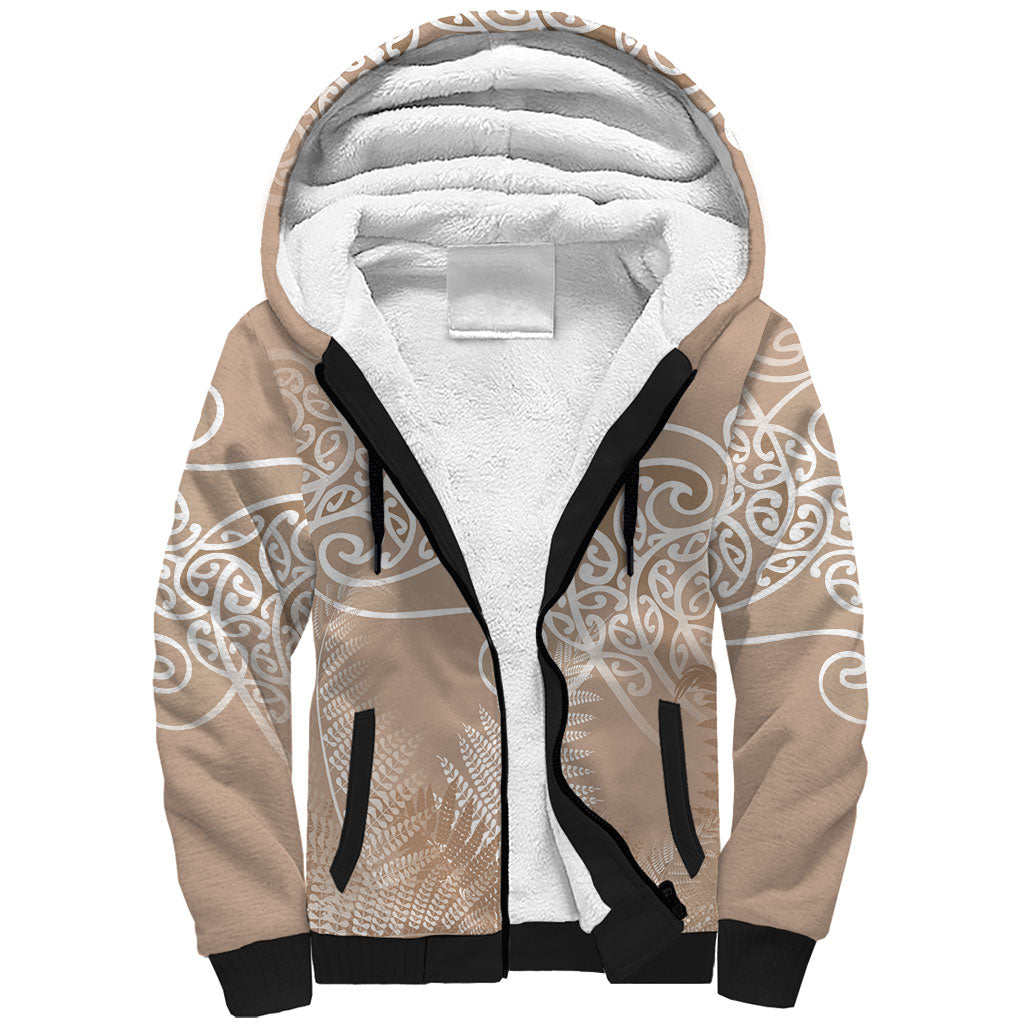 Aotearoa Maori Koru Curves Sherpa Hoodie Silver Ferns - Mocha LT7 Unisex Beige - Polynesian Pride