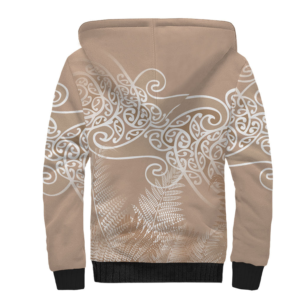 Aotearoa Maori Koru Curves Sherpa Hoodie Silver Ferns - Mocha LT7 - Polynesian Pride