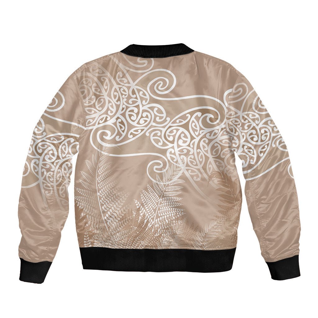 Aotearoa Maori Koru Curves Sleeve Zip Bomber Jacket Silver Ferns - Mocha
