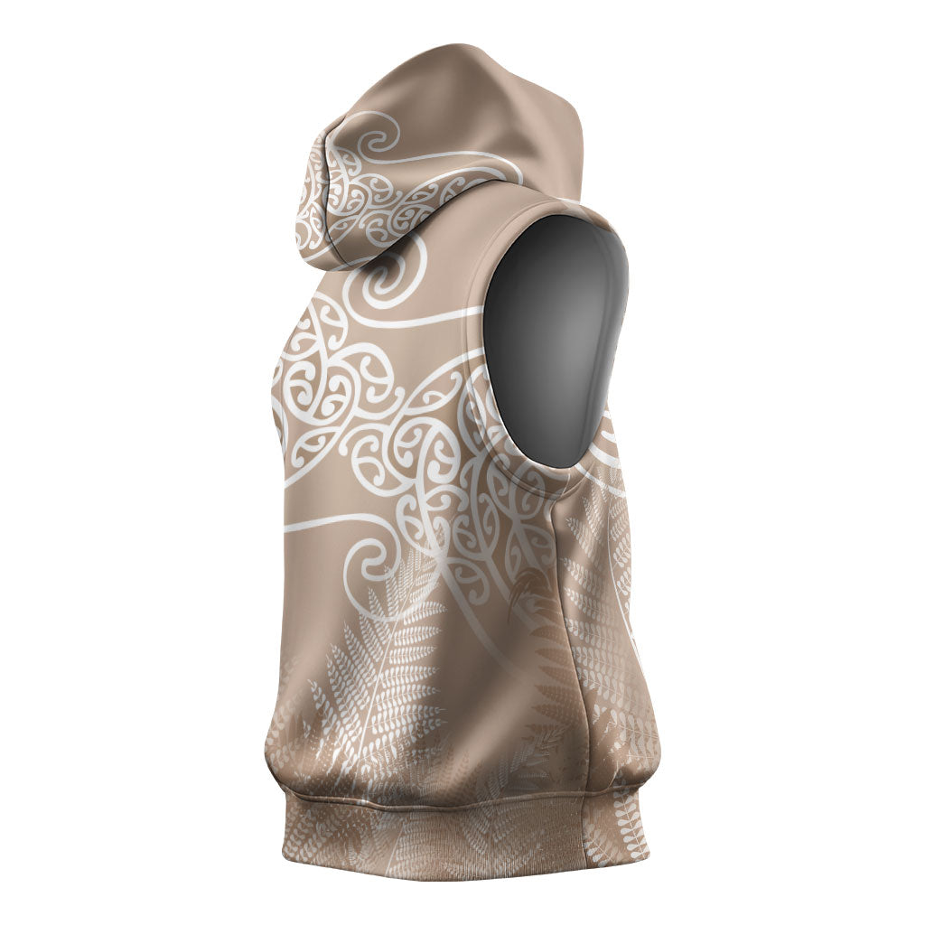 Aotearoa Maori Koru Curves Sleeveless Hoodie Silver Ferns - Mocha LT7 - Polynesian Pride
