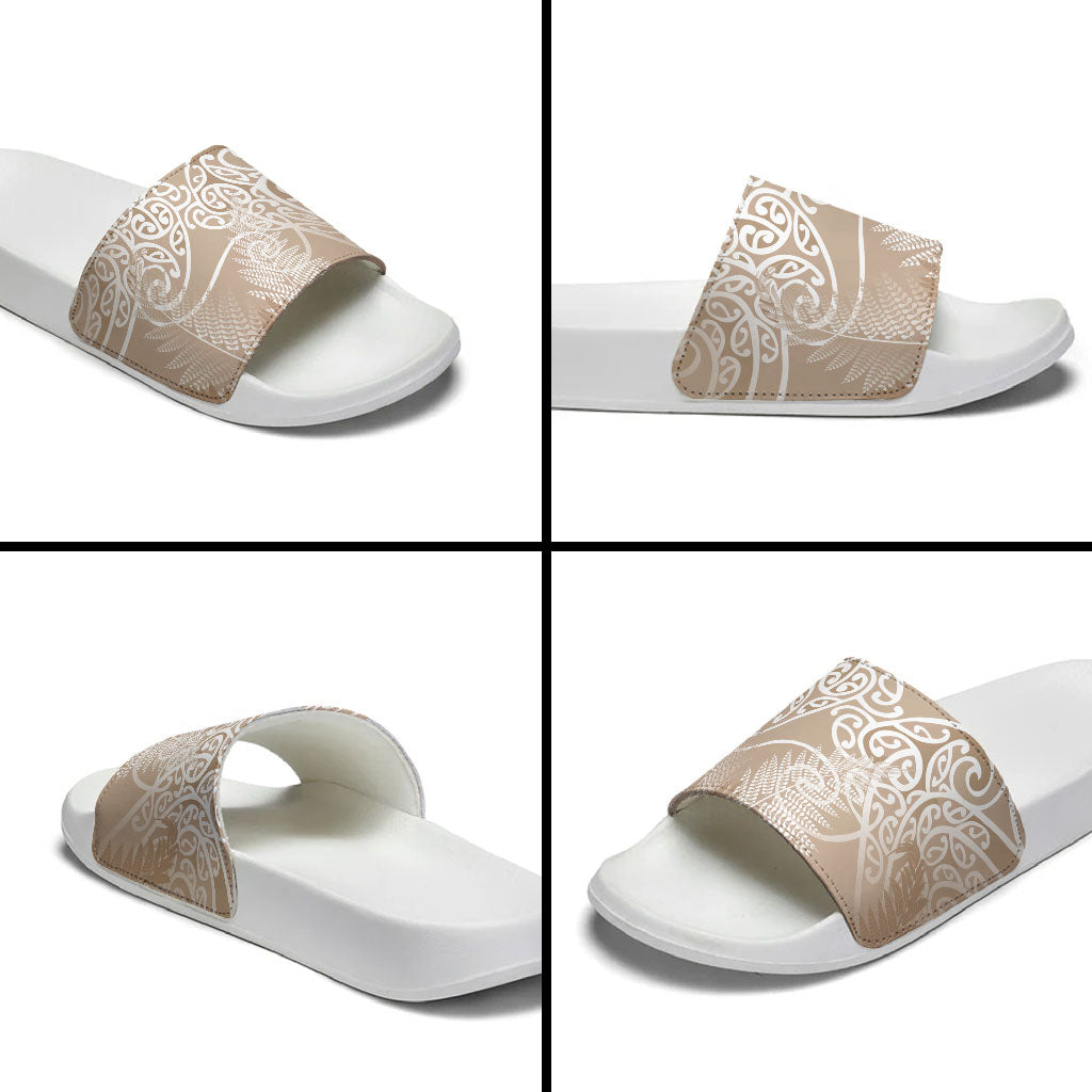 Aotearoa Maori Koru Curves Slide Sandals Silver Ferns - Mocha