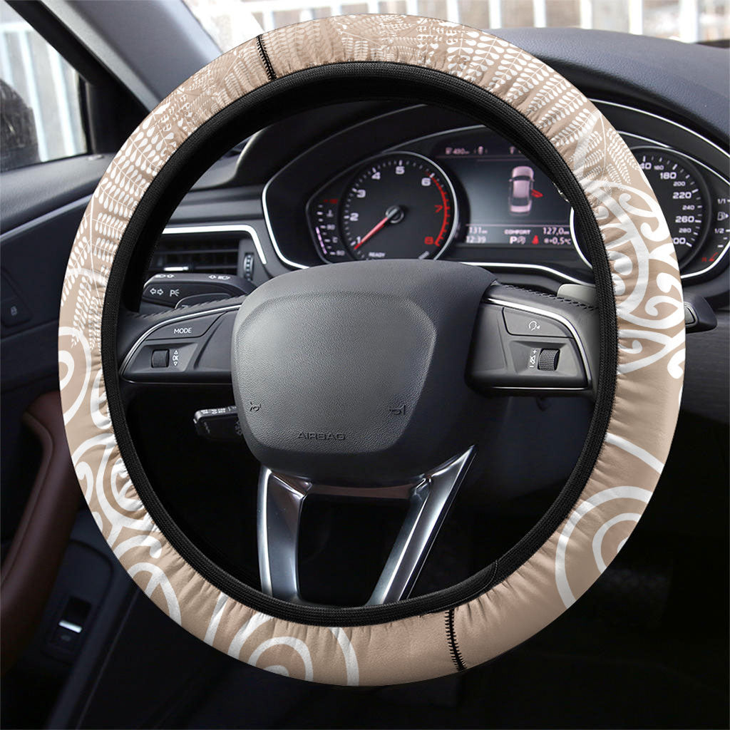 Aotearoa Maori Koru Curves Steering Wheel Cover Silver Ferns - Mocha