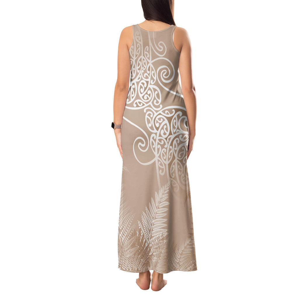 Aotearoa Maori Koru Curves Tank Maxi Dress Silver Ferns - Mocha LT7 - Polynesian Pride