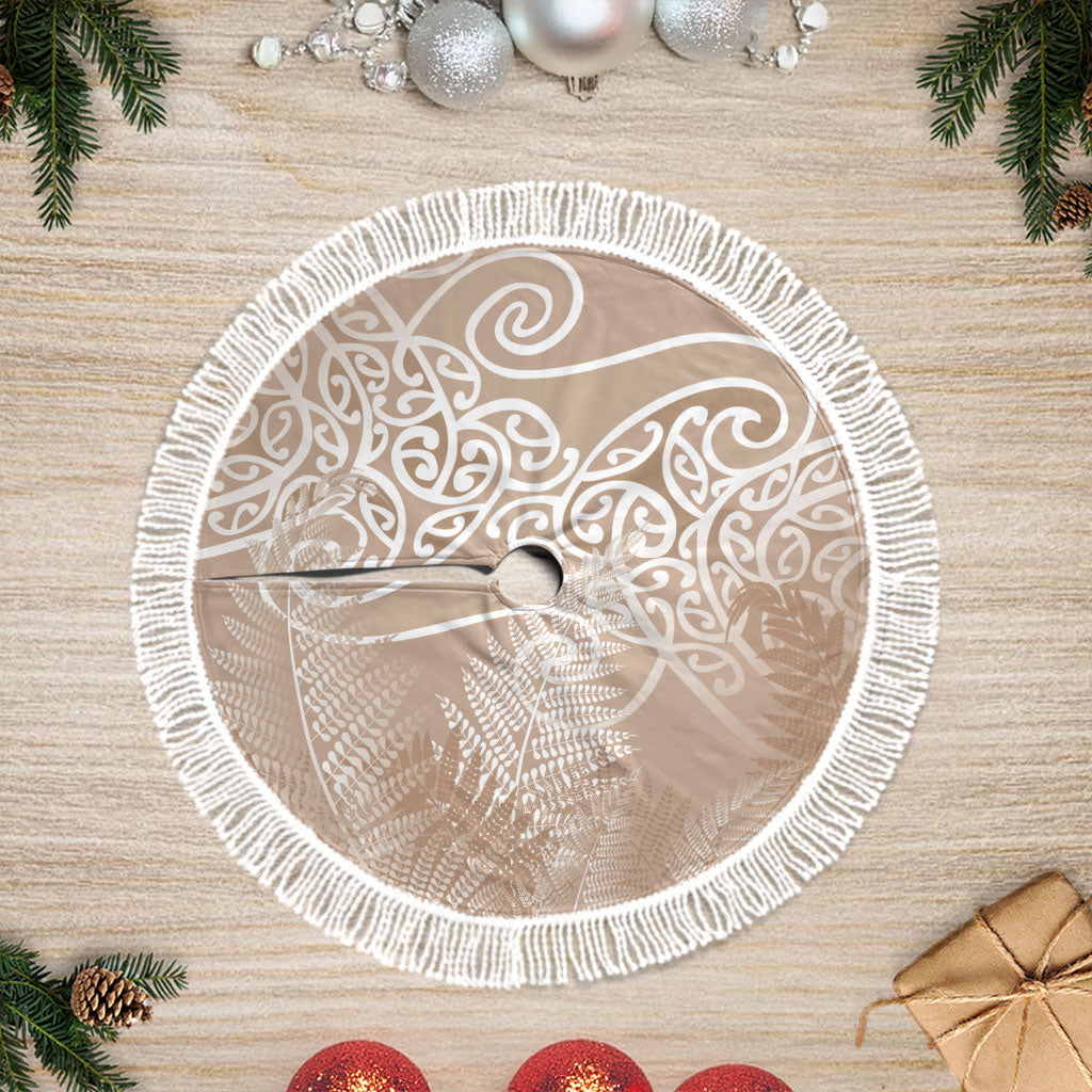 Aotearoa Maori Koru Curves Tree Skirt Silver Ferns - Mocha LT7 Fringed Beige - Polynesian Pride