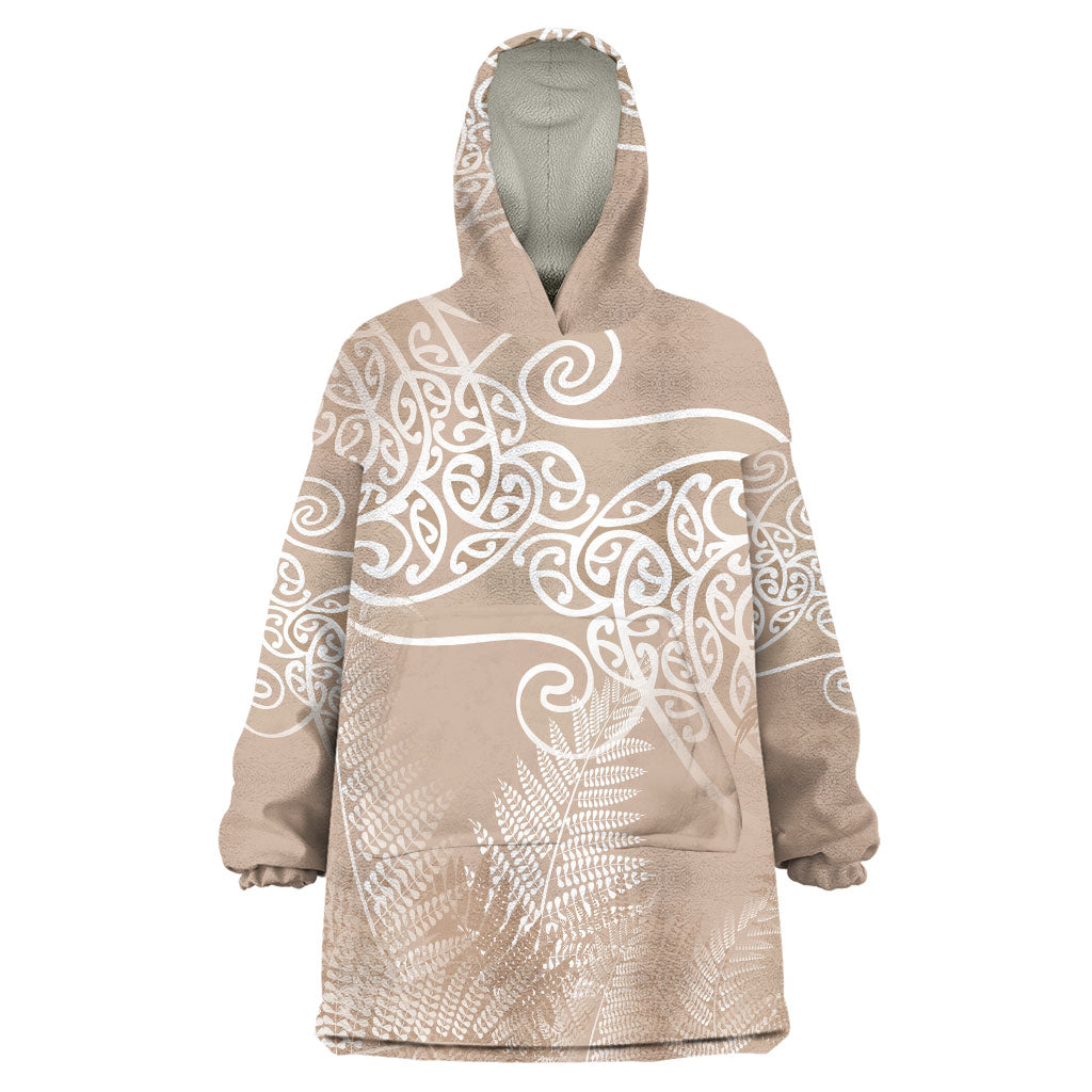 Aotearoa Maori Koru Curves Wearable Blanket Hoodie Silver Ferns - Mocha