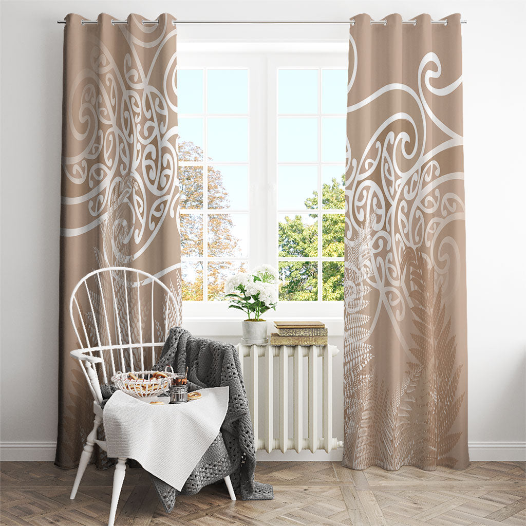 Aotearoa Maori Koru Curves Window Curtain Silver Ferns - Mocha