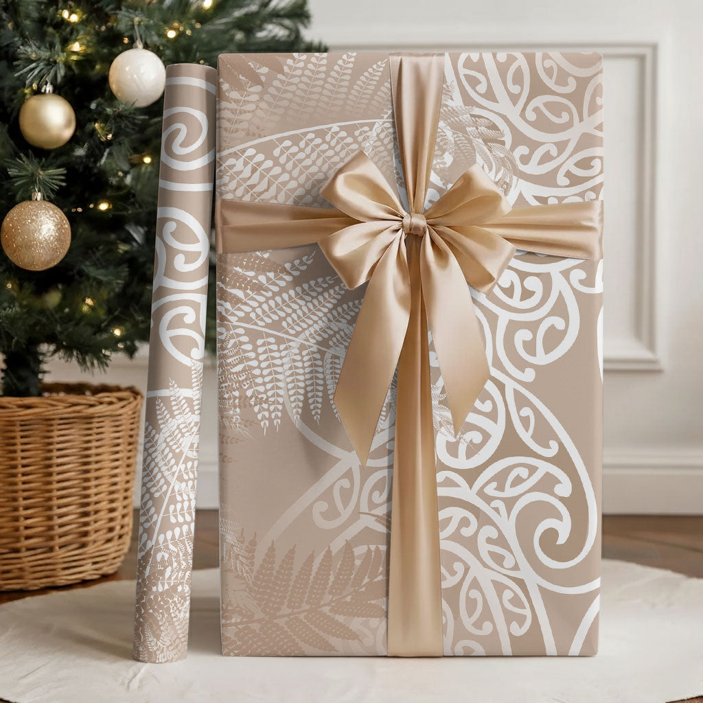 Aotearoa Maori Koru Curves Wrapping Paper Silver Ferns - Mocha LT7 - Polynesian Pride