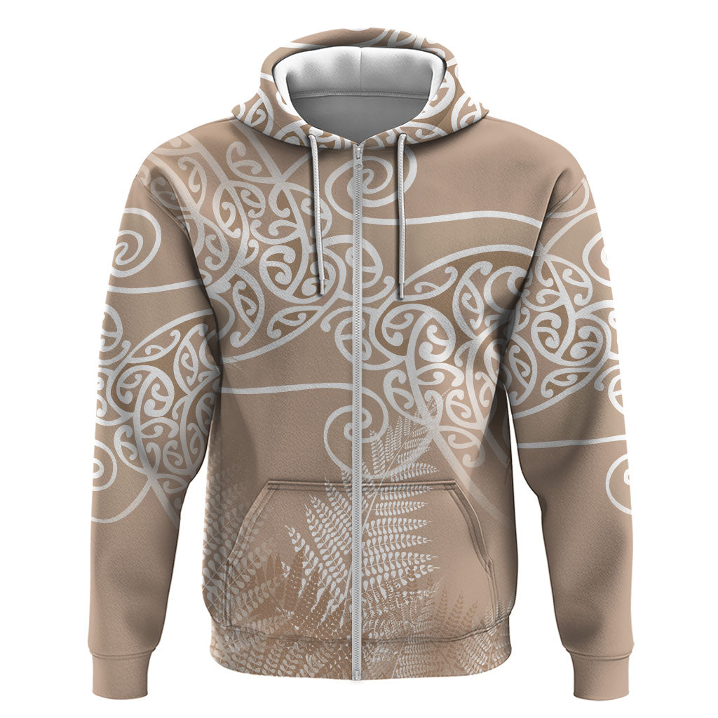Aotearoa Maori Koru Curves Zip Hoodie Silver Ferns - Mocha