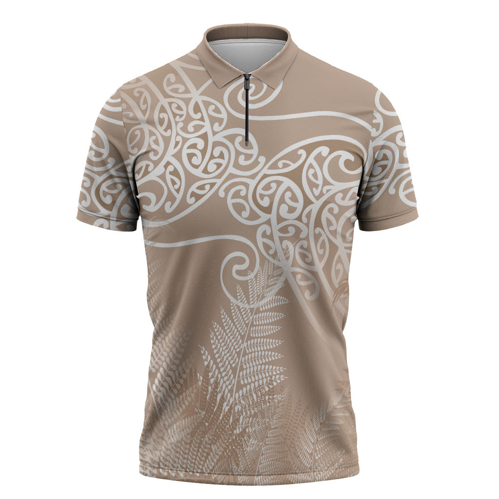 Aotearoa Maori Koru Curves Zipper Polo Shirt Silver Ferns - Mocha