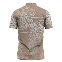 Aotearoa Maori Koru Curves Zipper Polo Shirt Silver Ferns - Mocha