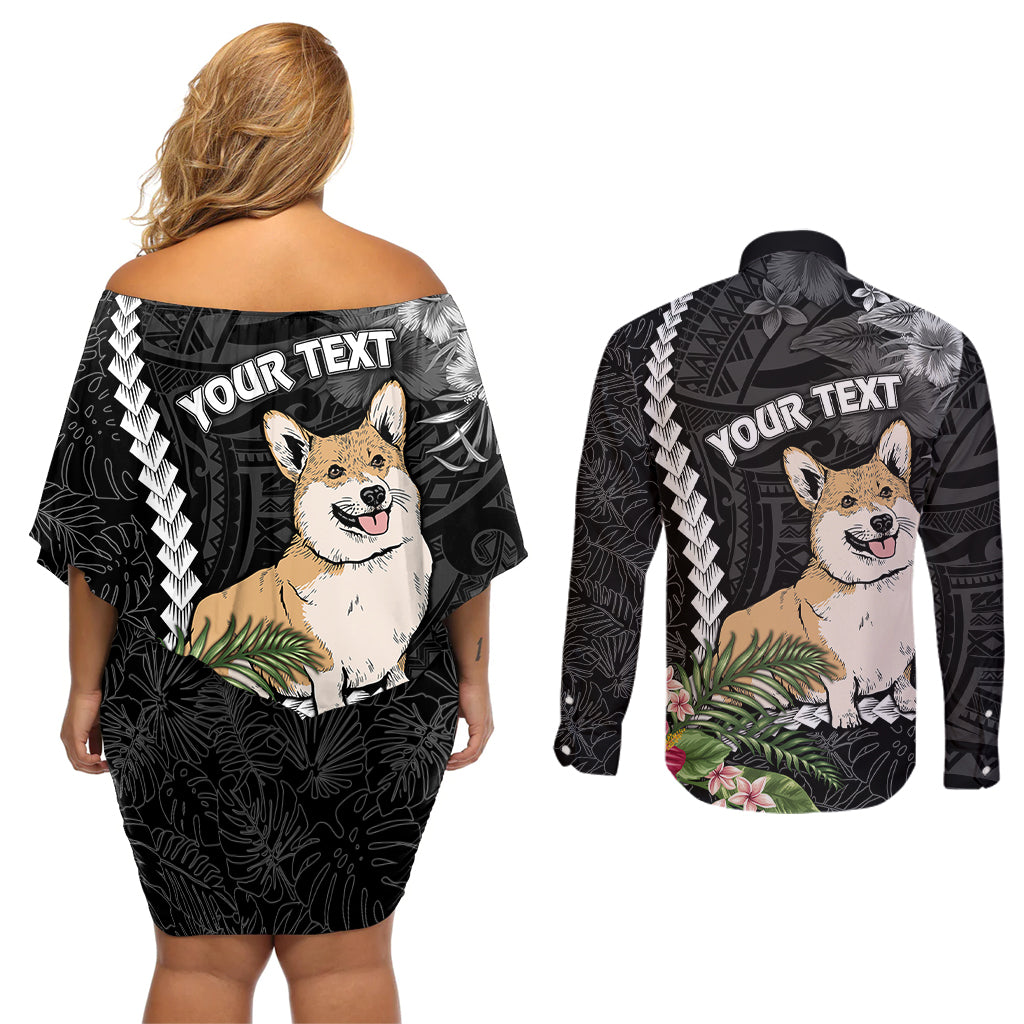 Personalised Polynesian Dog Couples Matching Off Shoulder Short Dress and Long Sleeve Button Shirts Corgi Mix Tropical Flowers LT7 - Polynesian Pride