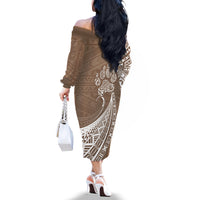 Personalised Polynesian Pacific Bulldog Off The Shoulder Long Sleeve Dress With Brown Hawaii Tribal Tattoo Patterns LT7 - Polynesian Pride