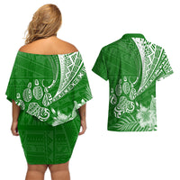 Personalised Polynesian Pacific Bulldog Couples Matching Off Shoulder Short Dress and Hawaiian Shirt With Emerald Hawaii Tribal Tattoo Patterns LT7 - Polynesian Pride