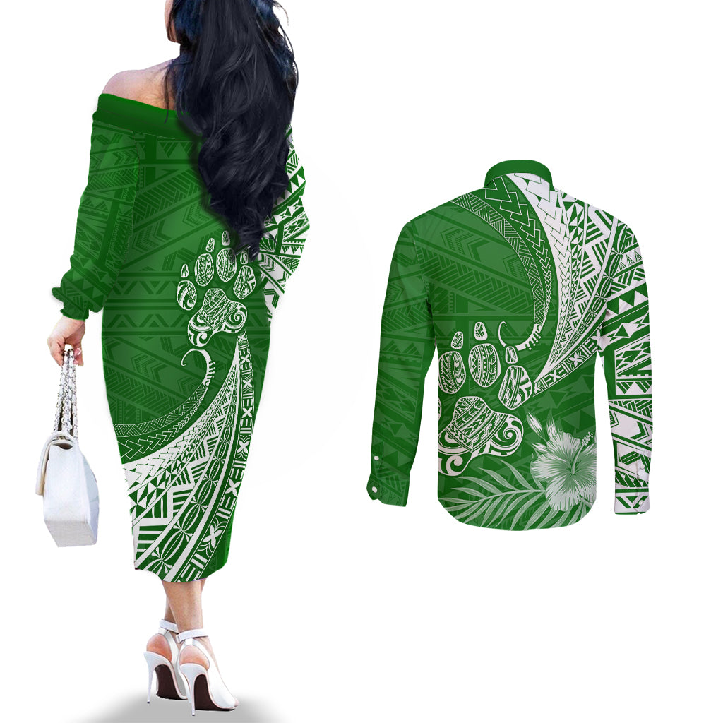 Personalised Polynesian Pacific Bulldog Couples Matching Off The Shoulder Long Sleeve Dress and Long Sleeve Button Shirts With Emerald Hawaii Tribal Tattoo Patterns LT7 - Polynesian Pride