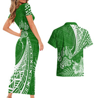 Personalised Polynesian Pacific Bulldog Couples Matching Short Sleeve Bodycon Dress and Hawaiian Shirt With Emerald Hawaii Tribal Tattoo Patterns LT7 - Polynesian Pride