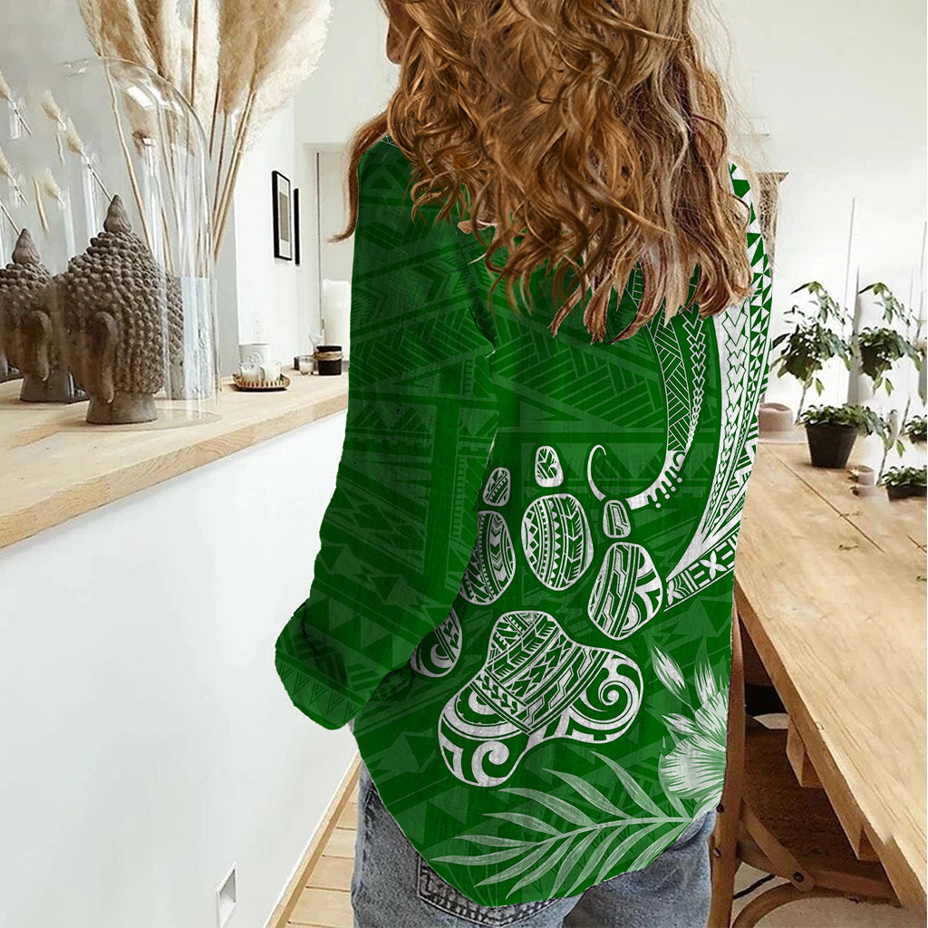 Personalised Polynesian Pacific Bulldog Women Casual Shirt With Emerald Hawaii Tribal Tattoo Patterns LT7 - Polynesian Pride