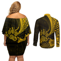 Personalised Polynesian Pacific Bulldog Couples Matching Off Shoulder Short Dress and Long Sleeve Button Shirts With Gold Hawaii Tribal Tattoo Patterns LT7 - Polynesian Pride