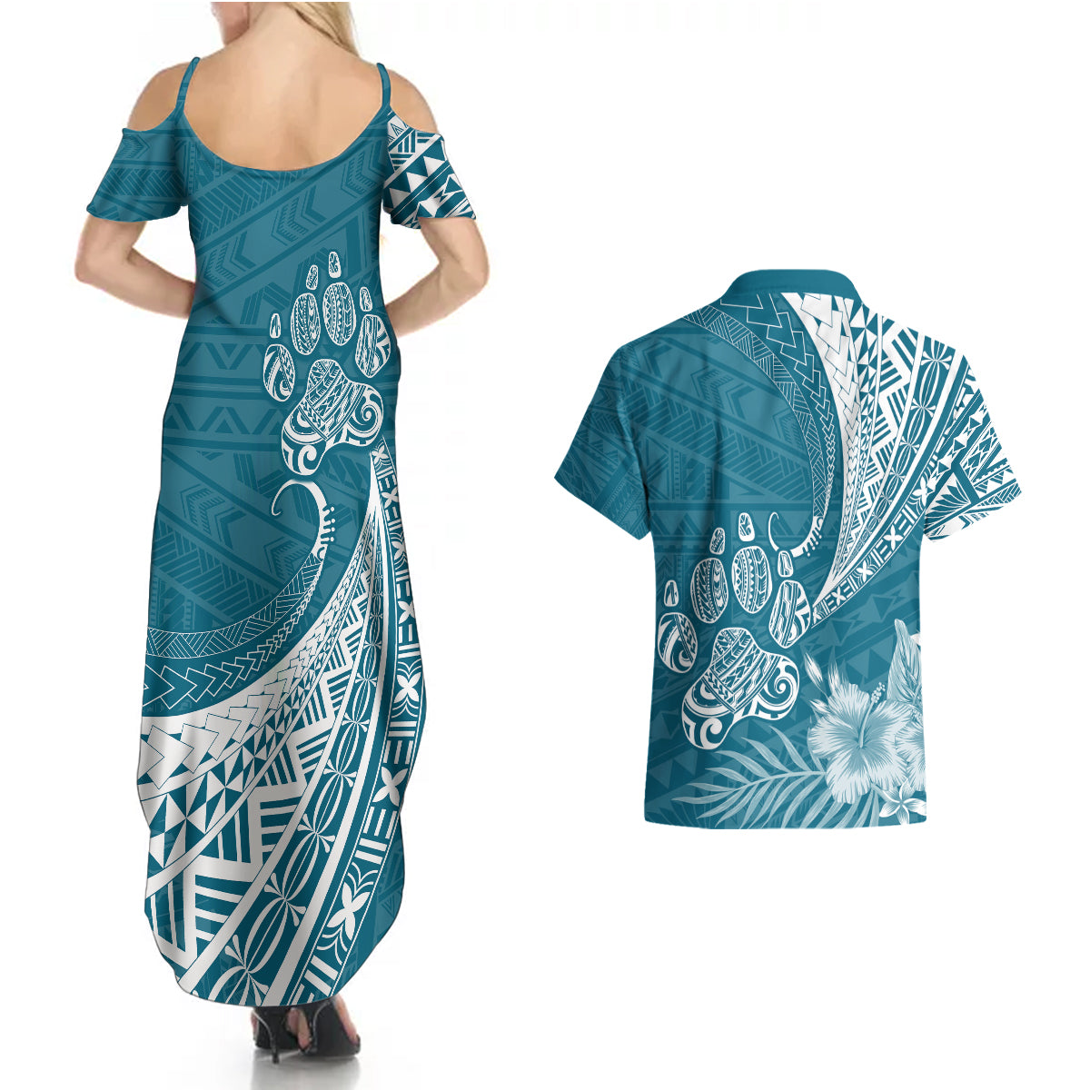 Personalised Polynesian Pacific Bulldog Couples Matching Summer Maxi Dress and Hawaiian Shirt With Teal Hawaii Tribal Tattoo Patterns LT7 - Polynesian Pride