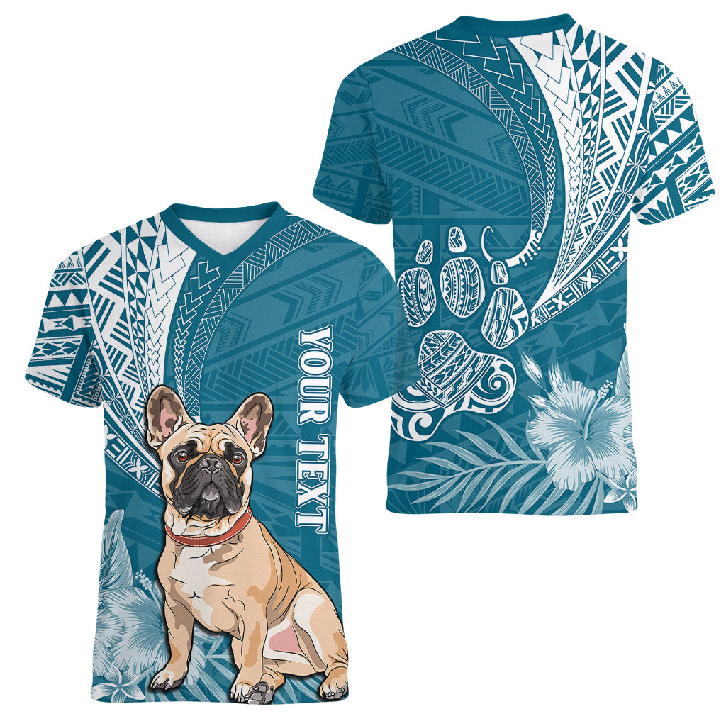 Personalised Polynesian Pacific Bulldog Women V Neck T Shirt With Teal Hawaii Tribal Tattoo Patterns LT7 - Polynesian Pride