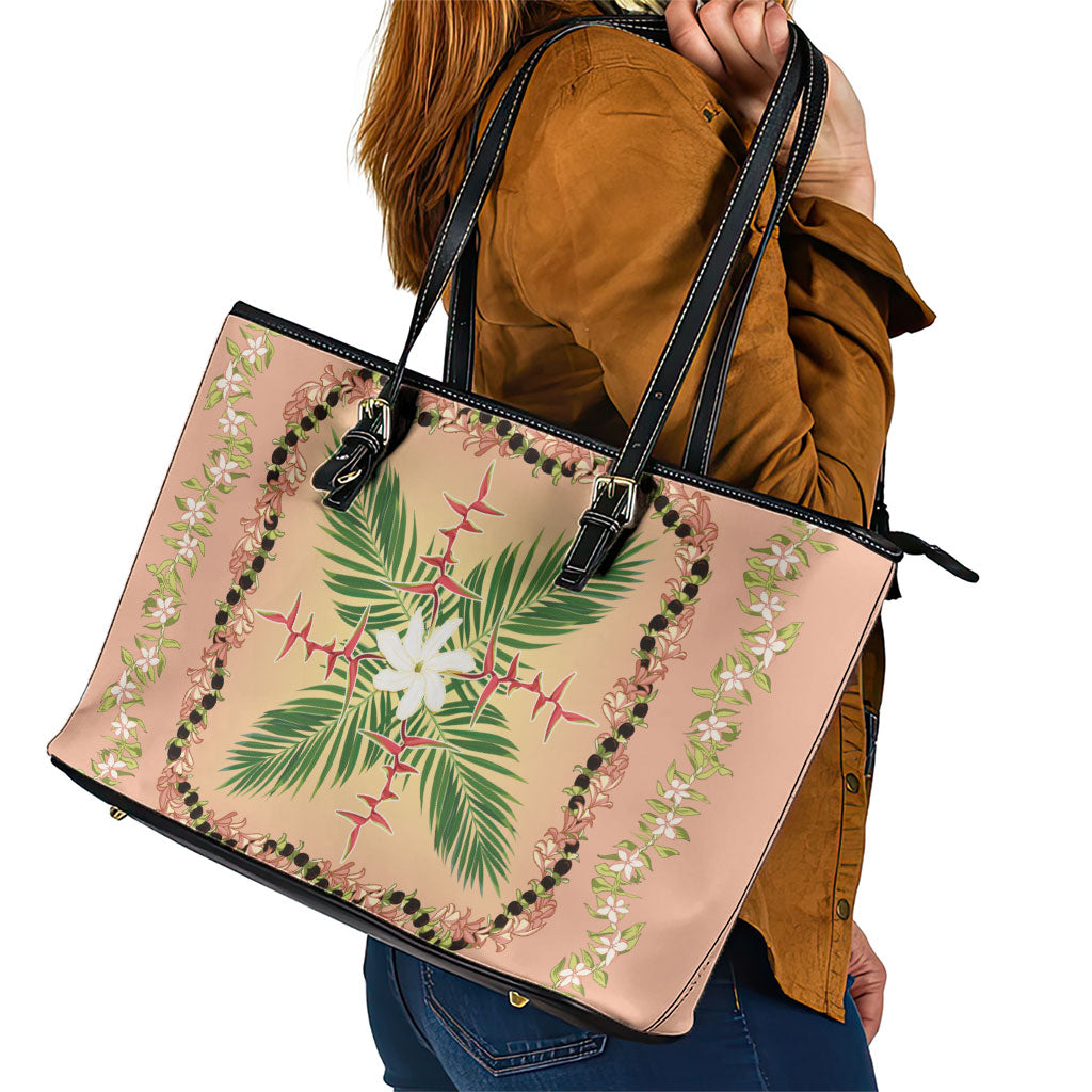 Hawaii Quilt Inspired Collection Aloha Flowers Leather Tote Bag Maile - Kukui Nut Lei