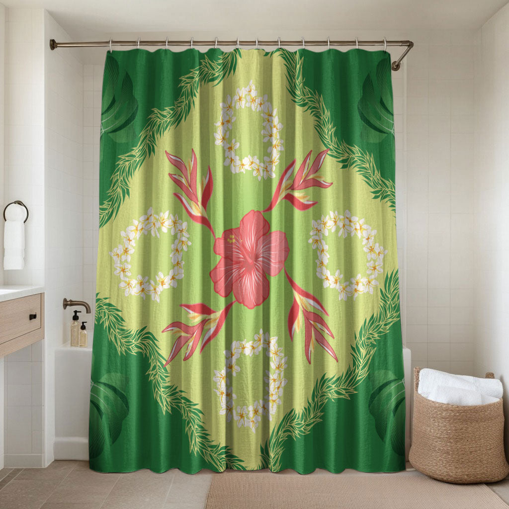 Hawaii Quilt Inspired Collection Aloha Flowers Bathroom Set Plumeria - Ti Leaf Lei LT7 Shower Curtain Only Green - Polynesian Pride