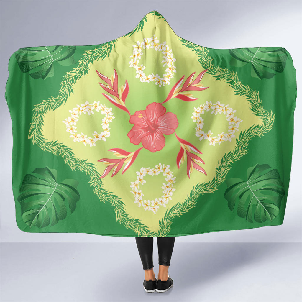 Hawaii Quilt Inspired Collection Aloha Flowers Hooded Blanket Plumeria - Ti Leaf Lei LT7 One Size Green - Polynesian Pride