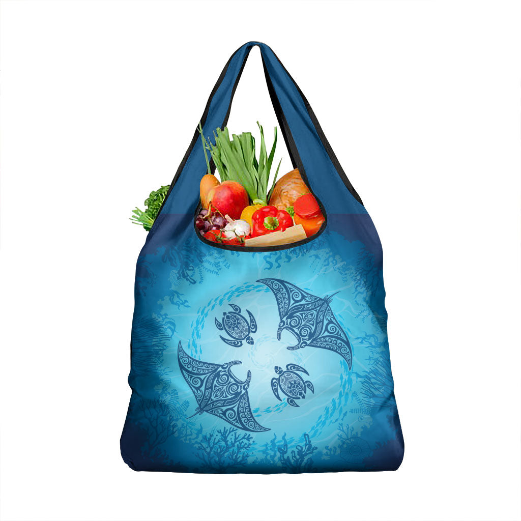 Hawaii Quilt Inspired Collection Aloha Sea Grocery Bag Manta Ray and Turtles LT7 1-pack One Size Cerulean - Polynesian Pride