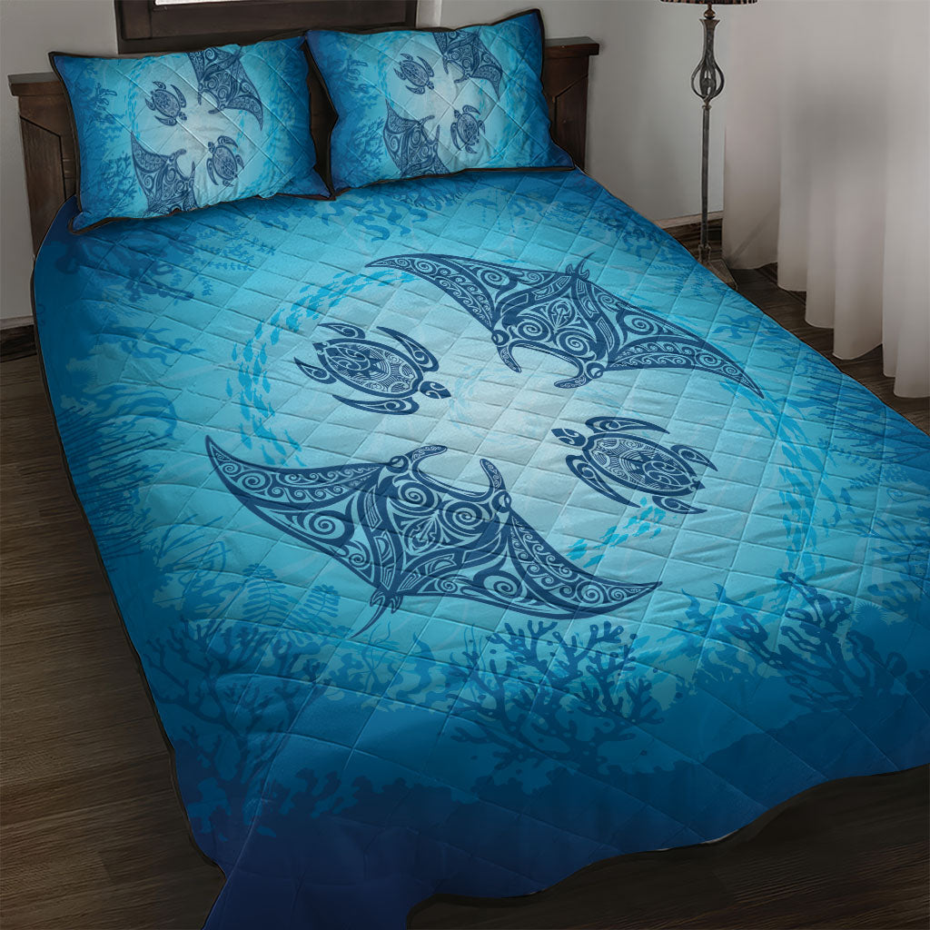Hawaii Quilt Inspired Collection Aloha Sea Quilt Bed Set Manta Ray and Turtles LT7 Cerulean - Polynesian Pride