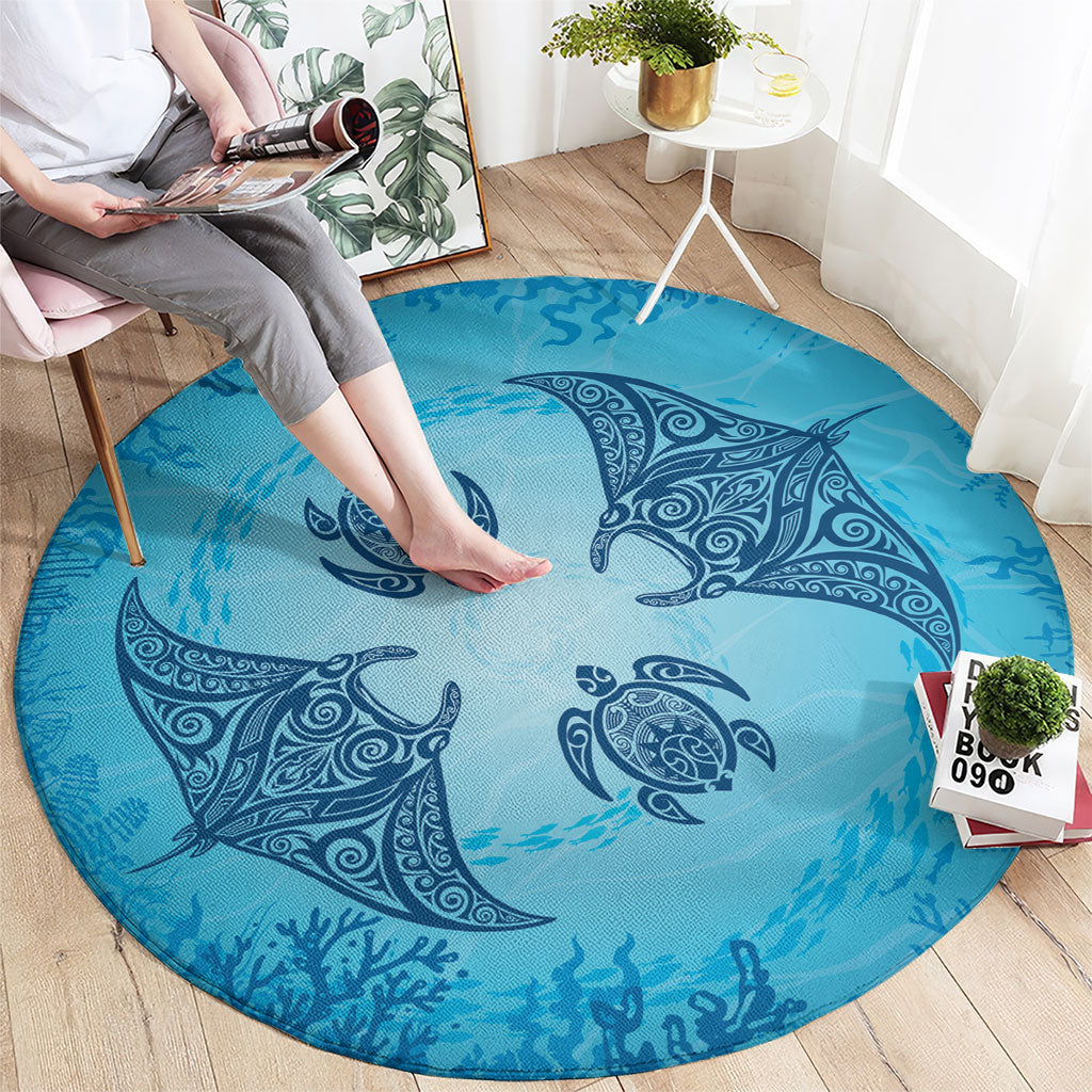Hawaii Quilt Inspired Collection Aloha Sea Round Carpet Manta Ray and Turtles LT7 - Polynesian Pride