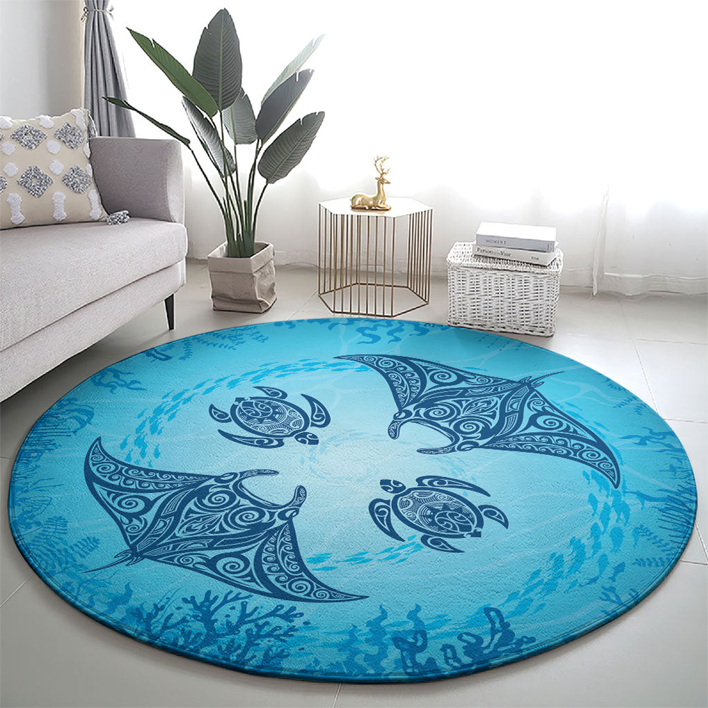 Hawaii Quilt Inspired Collection Aloha Sea Round Carpet Manta Ray and Turtles LT7 - Polynesian Pride