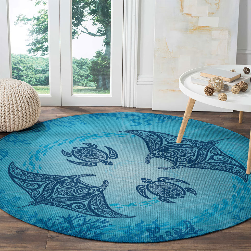 Hawaii Quilt Inspired Collection Aloha Sea Round Carpet Manta Ray and Turtles LT7 - Polynesian Pride