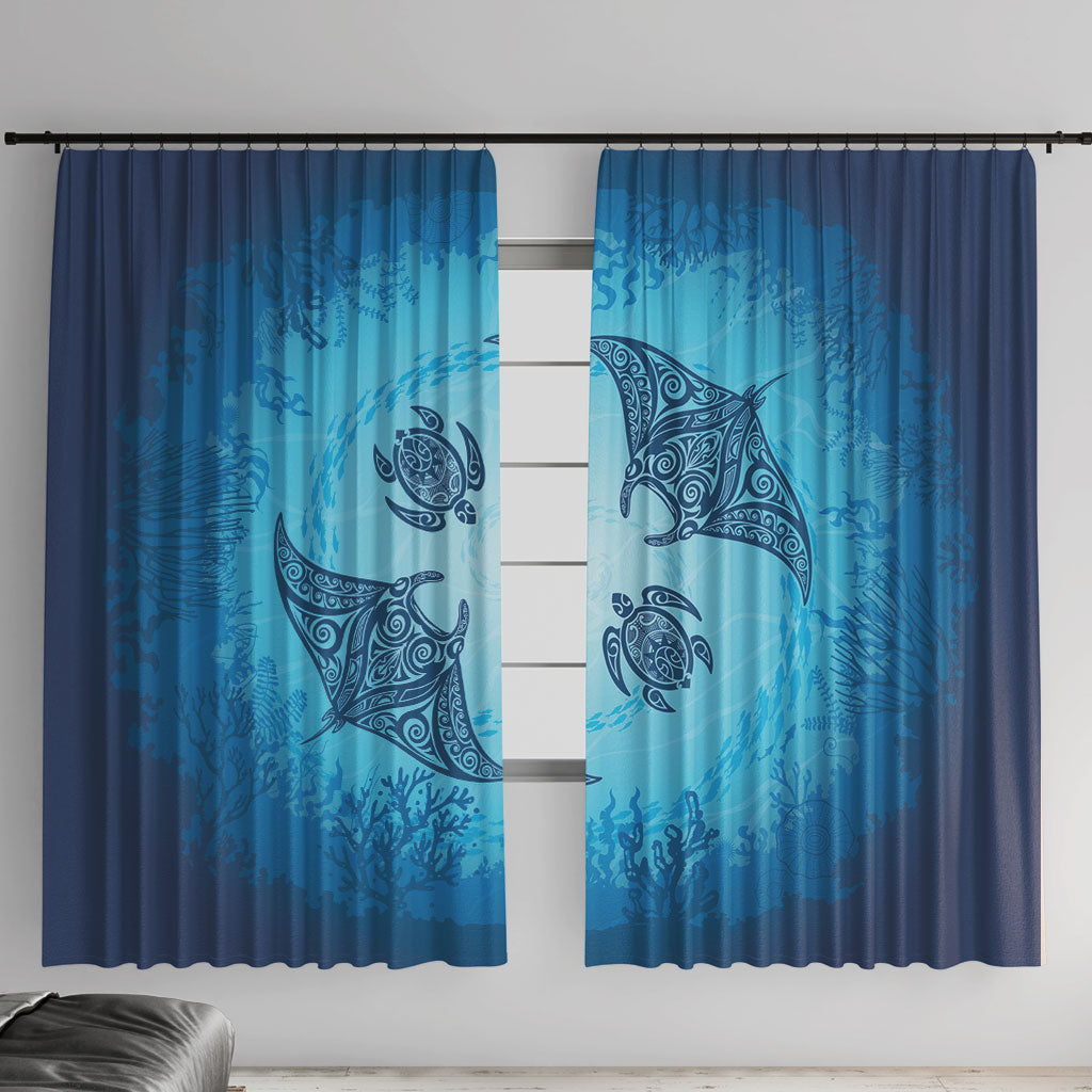 Hawaii Quilt Inspired Collection Aloha Sea Window Curtain Manta Ray and Turtles LT7 With Hooks Cerulean - Polynesian Pride