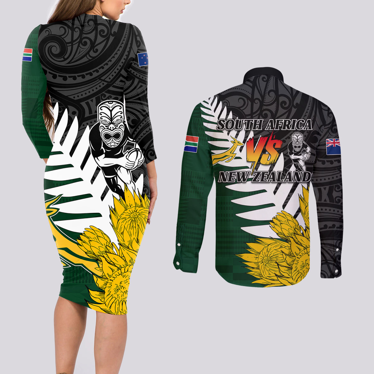Personalised New Zealand Vs South Africa Rugby Couples Matching Long Sleeve Bodycon Dress and Long Sleeve Button Shirts Rivals - Tribal Style LT7 - Polynesian Pride