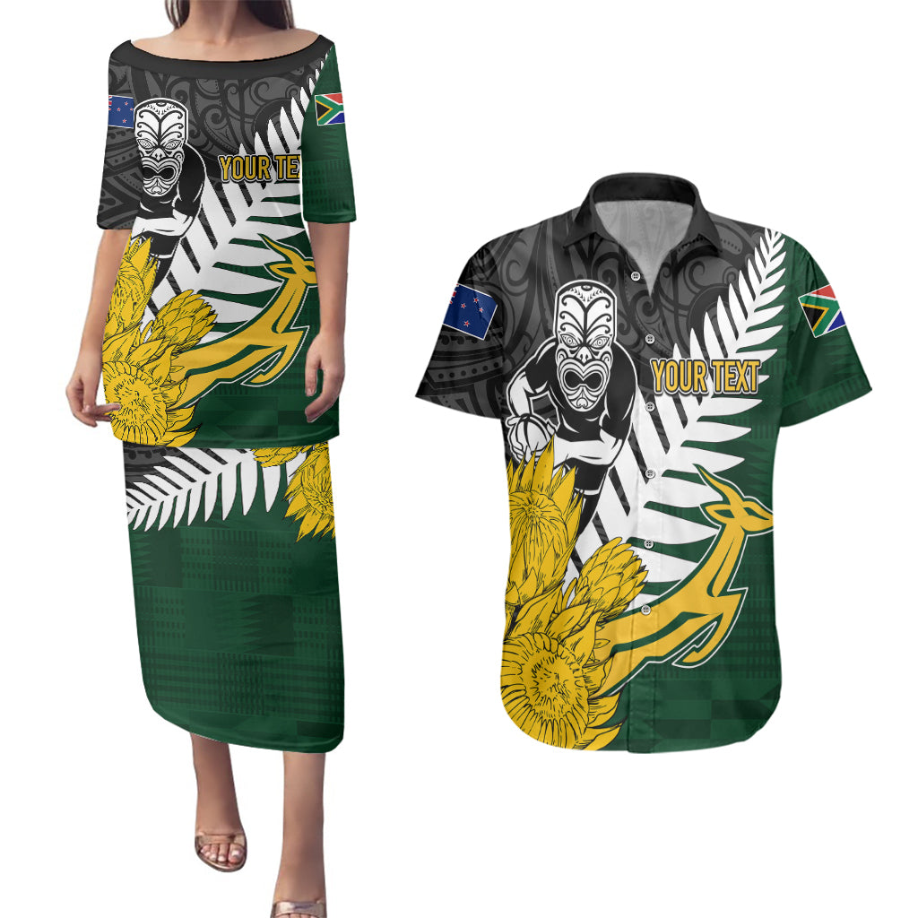 Personalised New Zealand Vs South Africa Rugby Couples Matching Puletasi Dress and Hawaiian Shirt Rivals - Tribal Style LT7 Black Green - Polynesian Pride
