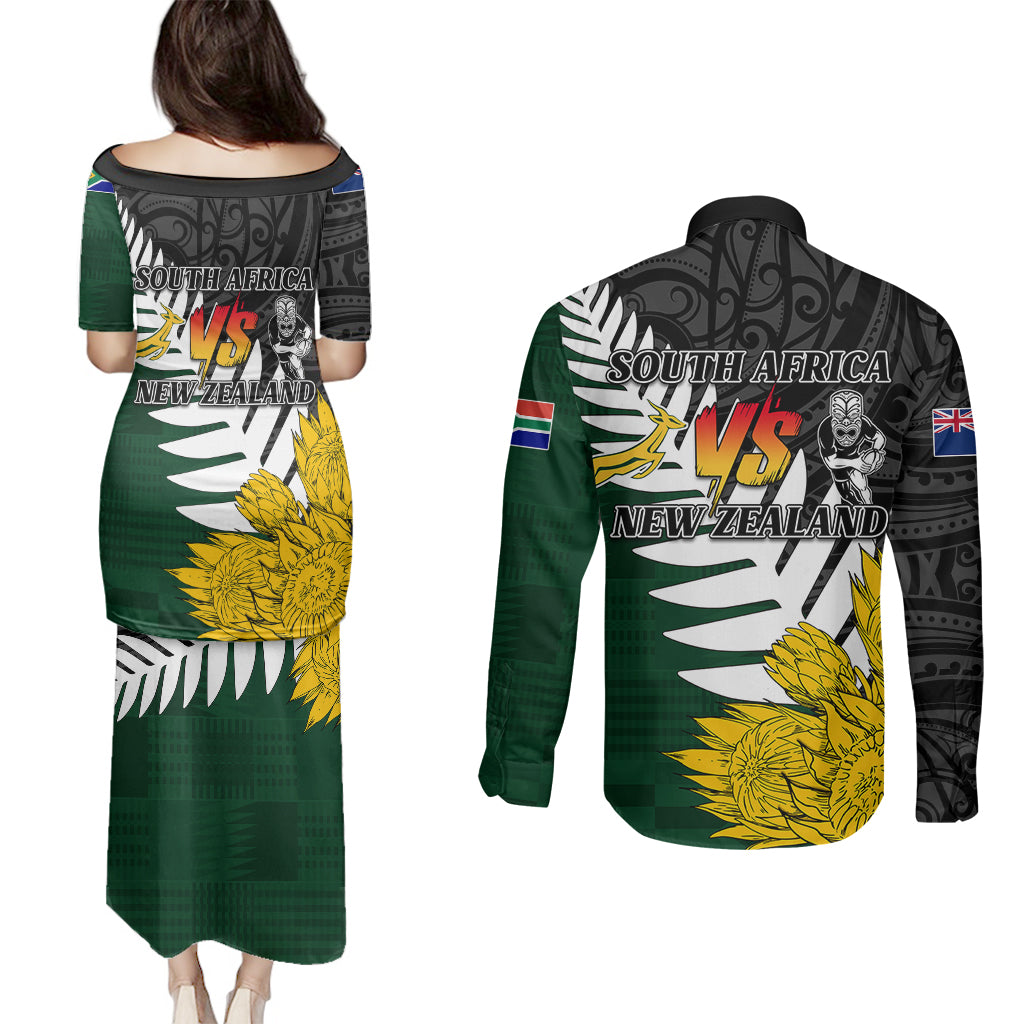 Personalised New Zealand Vs South Africa Rugby Couples Matching Puletasi Dress and Long Sleeve Button Shirts Rivals - Tribal Style LT7 - Polynesian Pride