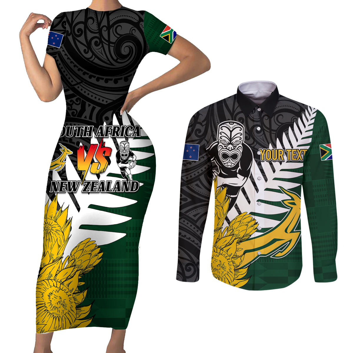 Personalised New Zealand Vs South Africa Rugby Couples Matching Short Sleeve Bodycon Dress and Long Sleeve Button Shirts Rivals - Tribal Style LT7 Black Green - Polynesian Pride