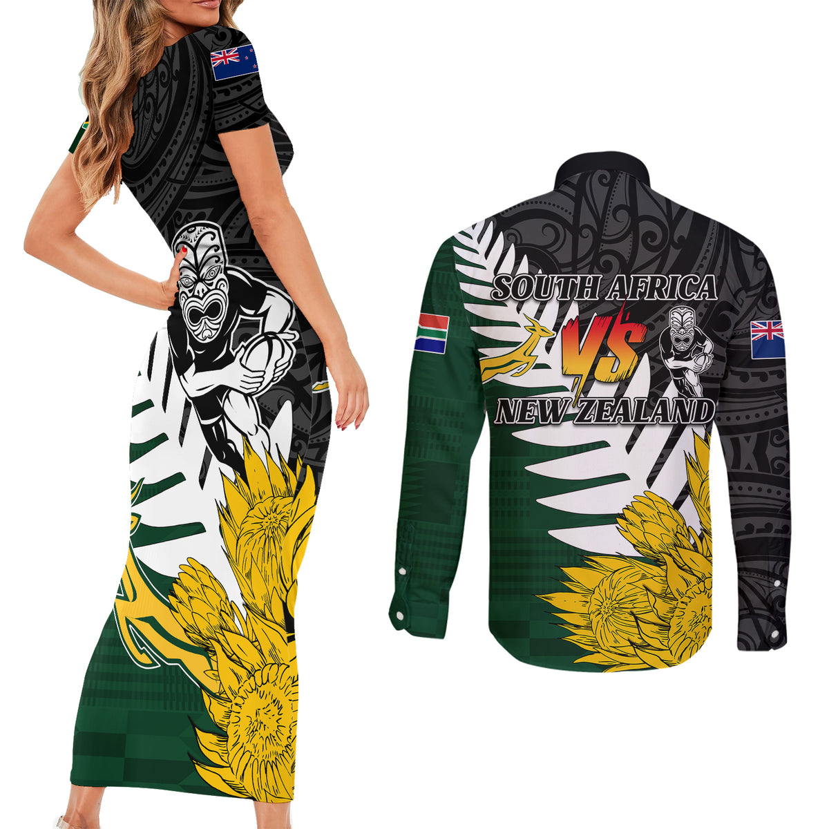 Personalised New Zealand Vs South Africa Rugby Couples Matching Short Sleeve Bodycon Dress and Long Sleeve Button Shirts Rivals - Tribal Style LT7 - Polynesian Pride